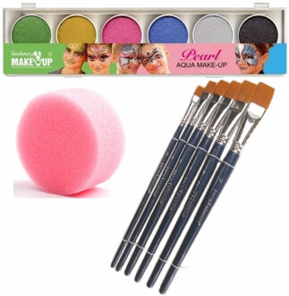 Schmink/grimeer palet van 6 glitter kleuren met penselen en kwastjes/sponsjes