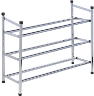 Schoenenrek - RVS - 3-laags - uitschuifbaar - 61-115 x 23 x 50 cm - Schoenenrekken Zilverkleurig