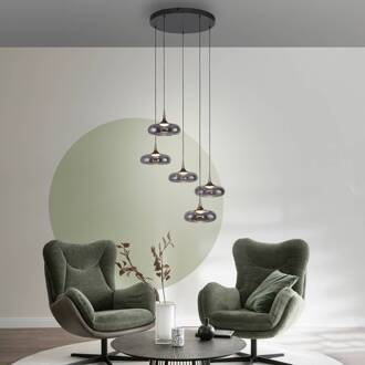 Schöner Wohnen SCHÖNER WOHNEN LED hanglamp Posh 5-lamps, rookglas, 3.000 K rookgrijs, zwart