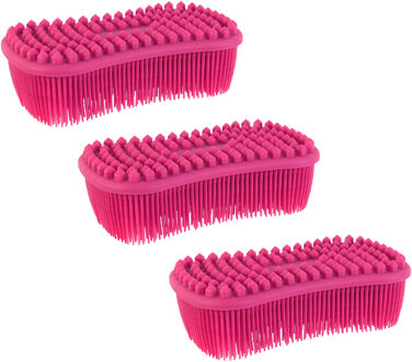 Schoonmaak afwas pannen/schalen spons - 3x - silicone - 2 zijdig - roze - 14 x 7 cm