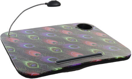 Schootkussen/laptray met LED verlichting 48 x 38 cm gekleurde pauwenveren print - Dienbladen Multikleur
