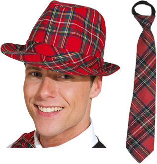 Schots thema feest verkleed set - stropdas - hoed - rood geblokt - Volwassene - Carnaval/Oktoberfest