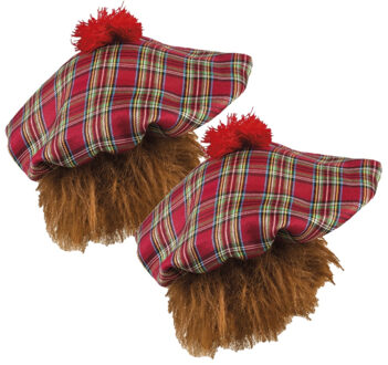 Schotse verkleed pet - 2x stuks - met rood haar - Schotse ruit rood - voor volwassenen