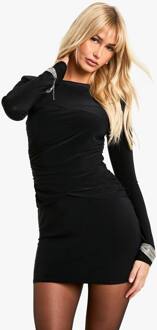 Schoudervulling Geraffeld Draperende Slinky Mini-Jurk, Black - 42