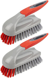 Schrobborstel met handvat - Set van 2x stuks - rood/grijs - kunststof - Schoonmaken borstels