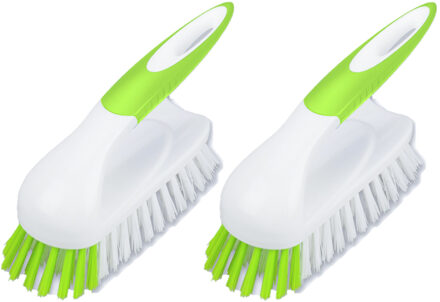 Schrobborstel met handvat - Set van 2x stuks - wit/groen - kunststof - Schoonmaken borstels