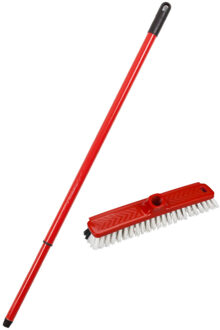 schrobborstel/schrobber - met trekker - kunststof - rood - inclusief metalen telescoopsteel