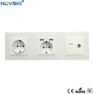 Schuko USB Cat6 TV Hybrid Plug Wall Crystal Glass Panel Socket Grounded, 16A Tripple Electrical Socket White, 5 Years Warranty
