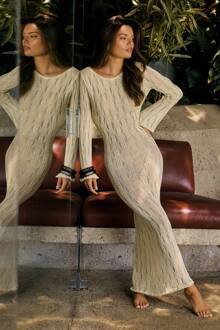 Scoop Back Langarm Gehaakte Strandjurk, Lemon