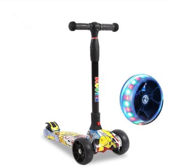 Scooters Voor Kinderen 3 Wiel T-Bar Verstelbare Riding Kick Scooters Opvouwbare Led Pu Knipperende Met Graffiti Oefening Balans voor Kids zwart