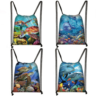 Sea Turtle / Dolphin Drawstring Bag Women Canvas Storage Bags Casual Backpack for Travel Shoes Holder Ladies Beach Bag