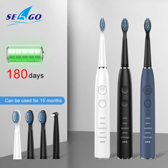 Seago Electric Toothbrush SG-575 Sonic Clean Teeth 5 Clean Modes USB Recharageable 4 Replacement Brush Heads + 1 Indental Brush