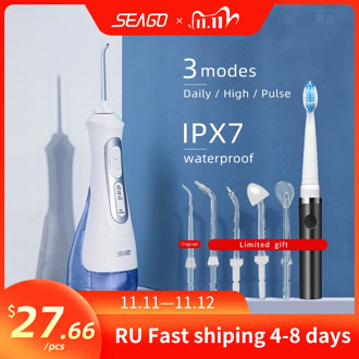SEAGO Oral Irrigator Portable Water Flosser USB Rechargeable Water Jet IPX7 Dental 200ML Water Tank with Electric Toothbrush