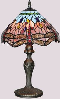 Searchlight Betoverende Tiffany stijl tafellamp DRAGONFLY oudmessing, blauw, amber