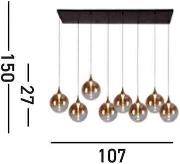 Searchlight LED hanglamp Alchemy, 8-lamps, zwart, amber, glas amber, zwart, messing