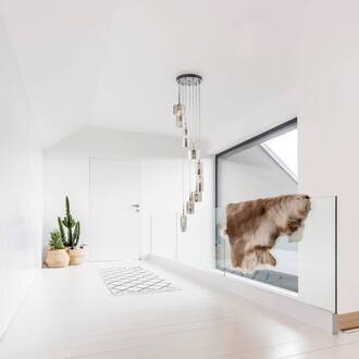 Searchlight Linnen hanglamp, 9-lamps, chroom/rookkleurig, glas, G4 chroom, rookgrijs