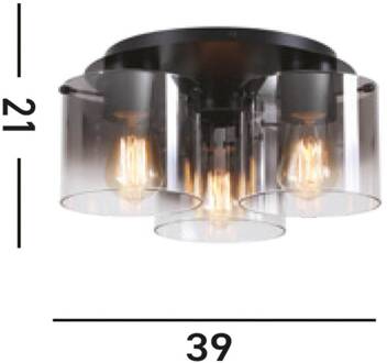 Searchlight Plafondlamp Zweden, 3-lamps, zwart/rookgrijs, staal, glas zwart, rookgrijs