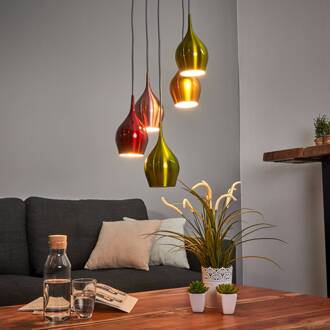 Searchlight Vibrant - hanglamp m. kleurige schermen 5 lichtbr. chroom, groen, rood, oranje, geel