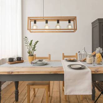 Searchlight Vierkante hanglamp, 4-lamps, 90 cm lang, bamboe, E27 licht hout, zwart