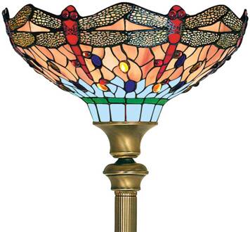 Searchlight Vloerlamp Dragonfly in Tiffany-stijl antiek messing, blauw, barnsteen