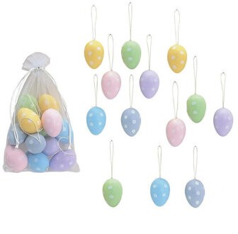 Season Deco 24x stuks Paaseieren hangdecoratie Pasen thema vrolijke kleurenmix met stippen 6 cm - Feestdecoratievoorwerp