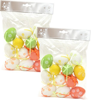 Season Deco Paaseieren - 24x stuks - Paastakken hangdecoratie - vrolijke kleurenmix - 6 cm