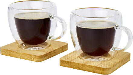 Season Deco Seasons dubbelwandige koffieglazen 100 ml - set van 2x stuks - met bamboe onderzetters - Koffie- en theeglazen Transparant