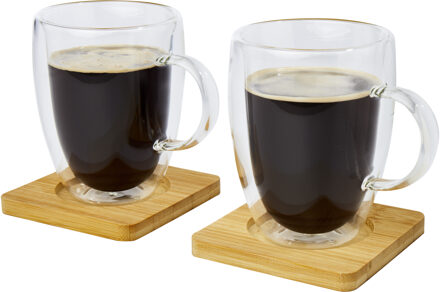 Season Deco Seasons dubbelwandige koffieglazen 350 ml - set van 2x stuks - met bamboe onderzetters - Koffie- en theeglazen Transparant