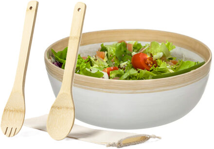 Secret de Gourmet Slakom/schaal met slacouvert - Bamboe - D30 cm - Saladeschalen Wit