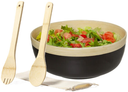 Secret de Gourmet Slakom/schaal met slacouvert - Bamboe hout - D30 cm - Saladeschalen Zwart