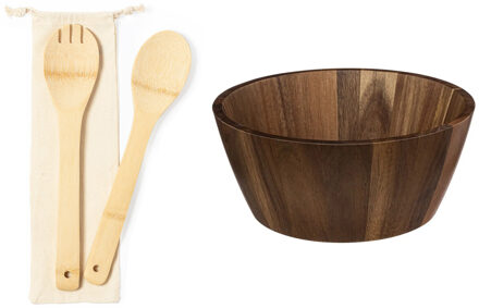 Secret de Gourmet Slakom/Serveerschaal met bamboe slacouvert - Acacia hout - D28 cm