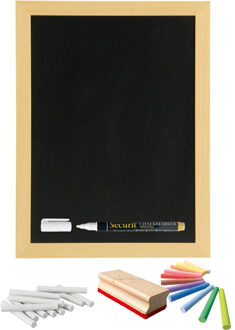 Securit Schoolbord/krijtbord 30 x 40 cm met krijtjes 12x wit, 12x kleur en een bordwisser - Schoolborden