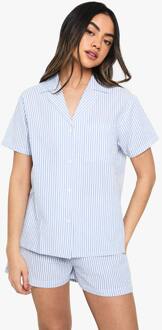 Seersucker Gestreept Korte Mouwen Overhemd & Shorts Pyjama Set, Blue - 34