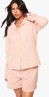 Seersucker Gestreept Lange Mouwen Overhemd En Korte Pyjama Set, Orange - 34