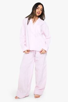 Seersucker Gestreepte Lange Mouwen Overhemd & Broek Pyjama Set, Pink - 34
