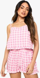 Seersucker Gingham Ruffle Short En Cami Pyjama Set, Pink - 34