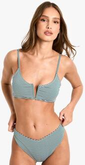 Seersucker Streep V-Front Bikini Top & High Leg Bikini Bottoms Set, Green - 36