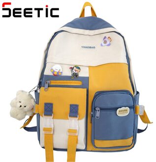 Seetic Kawaii Nylon Vrouwen Rugzak Multi-Pocket Rugzak Voor Tiener Waterdichte Dame Laptop Rugzak Hoge Capaciteit Reistas Vrouwen blauw Backpack / zonder pendant