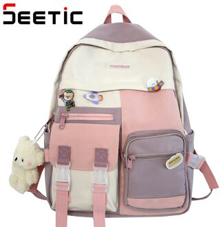 Seetic Kawaii Nylon Vrouwen Rugzak Multi-Pocket Rugzak Voor Tiener Waterdichte Dame Laptop Rugzak Hoge Capaciteit Reistas Vrouwen roze Backpack / met pendant