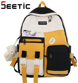 Seetic Kawaii Nylon Vrouwen Rugzak Multi-Pocket Rugzak Voor Tiener Waterdichte Dame Laptop Rugzak Hoge Capaciteit Reistas Vrouwen zwart Backpack / zonder pendant