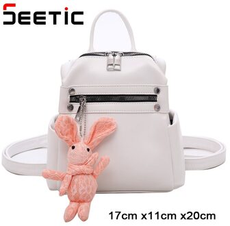 Seetic Mini Rugzak Vrouwen Pu Lederen Schoudertas Tienermeisjes Multifunctionele Kleine Rugzak Vrouwelijke Dames Schooltas wit Backpack / met Pendant