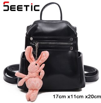 Seetic Mini Rugzak Vrouwen Pu Lederen Schoudertas Tienermeisjes Multifunctionele Kleine Rugzak Vrouwelijke Dames Schooltas zwart Backpack / met Pendant