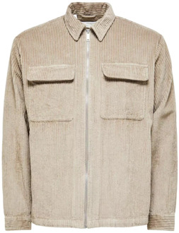 Selected Homme Beige Zip-Up Klassiek Overhemd voor Heren Selected Homme , Beige , Heren - XL