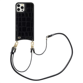 Selencia Nova Croco Telefoonhoes met Koord en Pashouder voor de Apple iPhone 12 (Pro) - Zwart