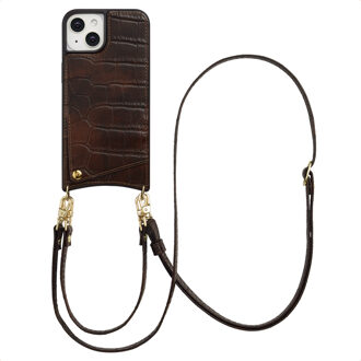 Selencia Nova Croco Telefoonhoes met Koord en Pashouder voor de Apple iPhone 14 / 13 - Choco Brown Donkerbruin
