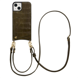 Selencia Nova Croco Telefoonhoes met Koord en Pashouder voor de Apple iPhone 14 / 13 - Dark Olive Donkergroen