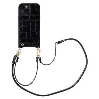 Selencia Nova Croco Telefoonhoes met Koord en Pashouder voor de Apple iPhone 14 / 13 - Zwart