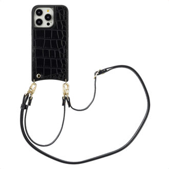 Selencia Nova Croco Telefoonhoes met Koord en Pashouder voor de Apple iPhone 14 Pro - Zwart