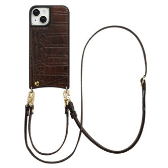 Selencia Nova Croco Telefoonhoes met Koord en Pashouder voor de Apple iPhone 15 - Choco Brown Donkerbruin