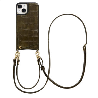 Selencia Nova Croco Telefoonhoes met Koord en Pashouder voor de Apple iPhone 15 - Dark Olive Donkergroen